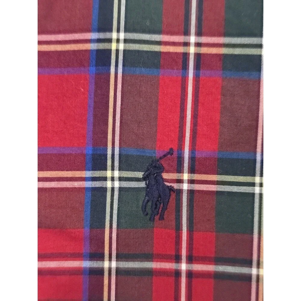 Ralph Lauren Boys Plaid Check Button Down Shirt Red Green Cotton Size M 10-12